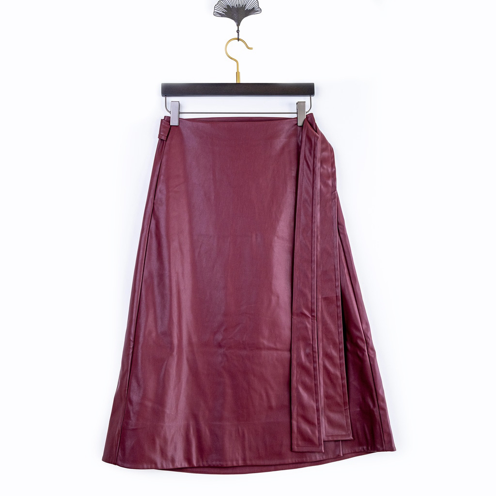NWT TOCCIN Beatrice Wrap Midi Skirt Faux leather Burgundy $425 - Size 10 / L - Picture 2 of 10